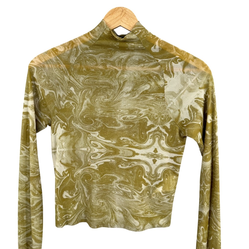 Camilla and Marc‎ Selma Sheer Top Size 4 Green Marble Print Mock Neck Mesh